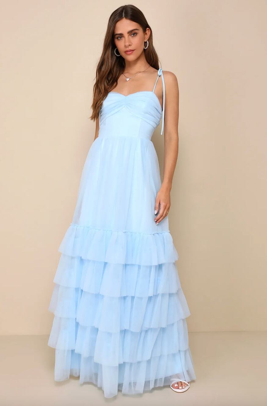 Lulus Endlessly Darling Light Blue Mesh Tiered Tie-Strap Maxi Dress Large NWT